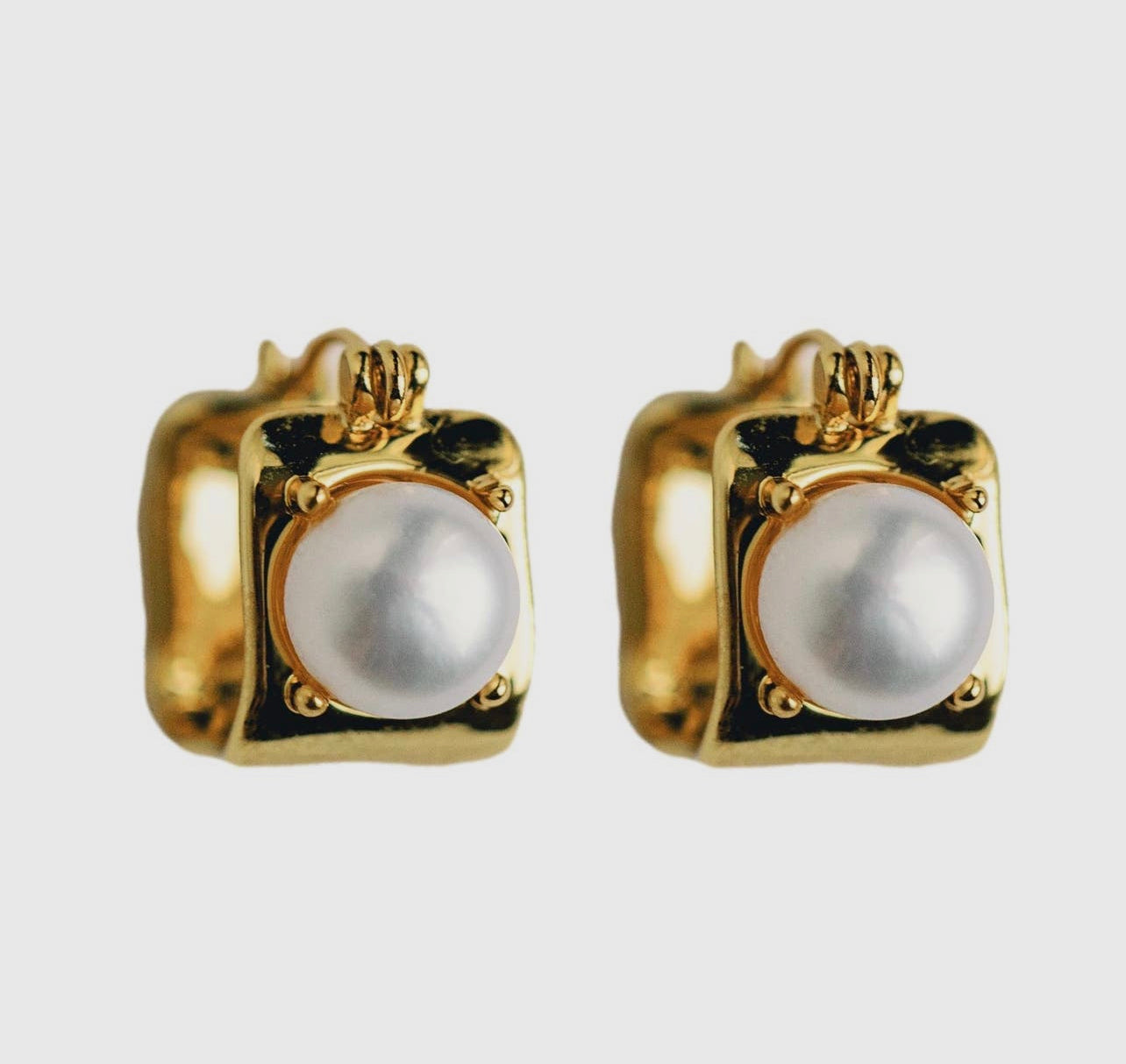 St Armands Designs Vintage Mini Square Gold Pearl Huggie Hoops Earrings