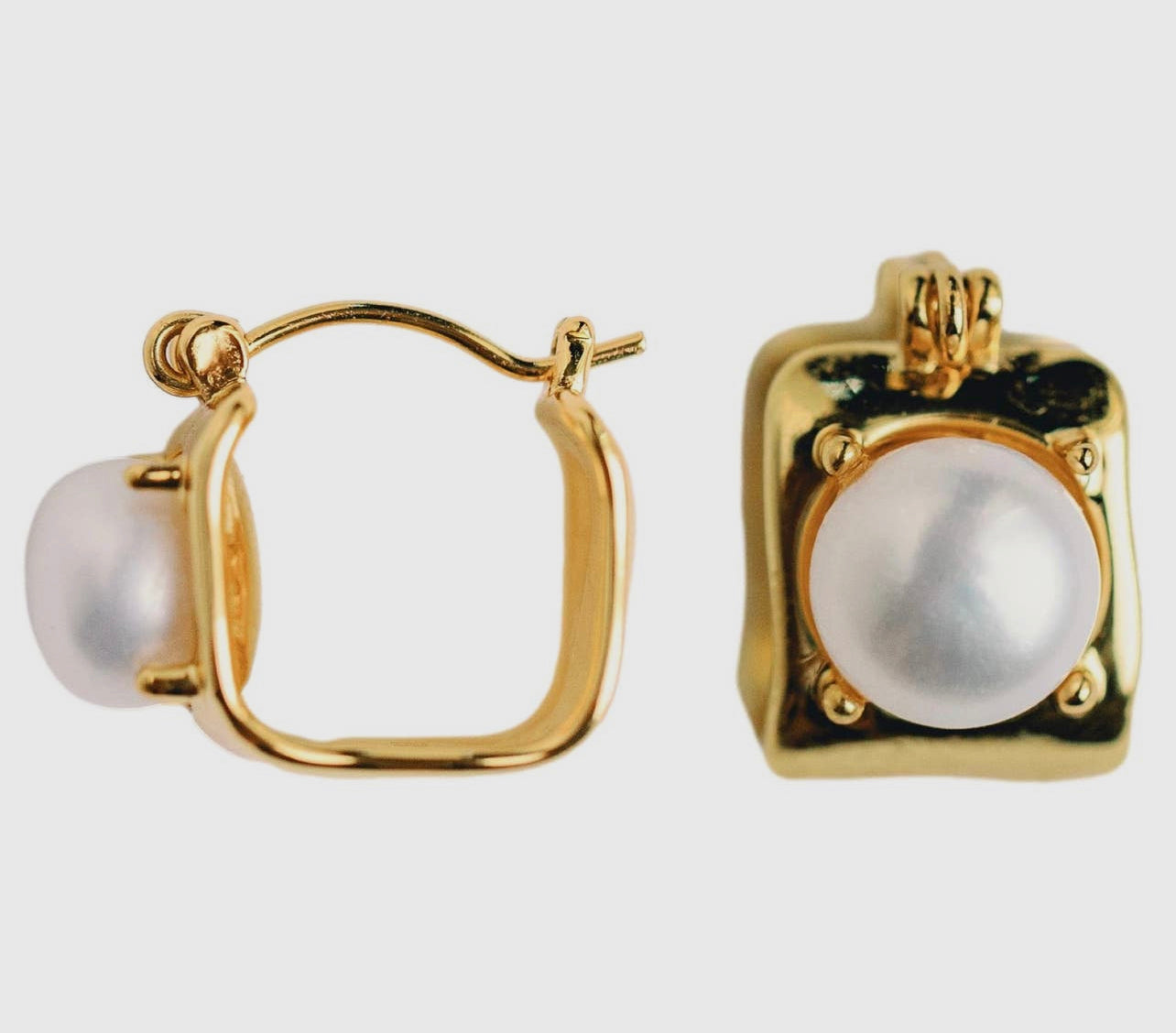 St Armands Designs Vintage Mini Square Gold Pearl Huggie Hoops Earrings