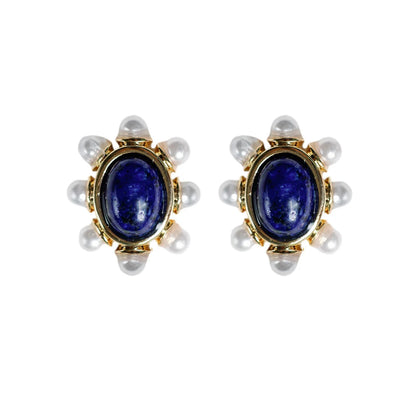 St Armands Blue Lapis and Pearl Oval Stud Earrings