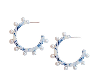 St Armands Blue and White Pearl Hoops